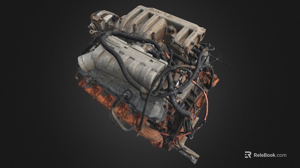 Old Rusty Engine with Black Hoses Wires and Detailed Components on Dark Background 3d model 