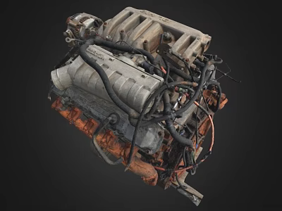 Old Rusty Engine with Black Hoses Wires and Detailed Components on Dark Background 3d model