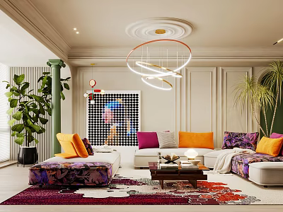 Modern Colorful Sofa and Coffee Table Set With Vibrant Pillows Green Plants and Patterned Rug 3d model