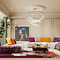 Modern Colorful Sofa and Coffee Table Set With Vibrant Pillows Green Plants and Patterned Rug