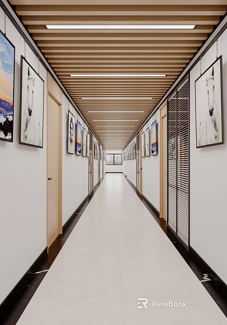 Campus Corridor With Artworks On Walls Wooden Ceiling And Light Colored Floor 3d model 