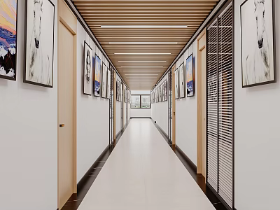 Campus Corridor With Artworks On Walls Wooden Ceiling And Light Colored Floor 3d model