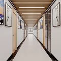 Campus Corridor With Artworks On Walls Wooden Ceiling And Light Colored Floor