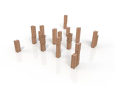 Multiple Brown Block Building Towers Arranged On White Background 3d model