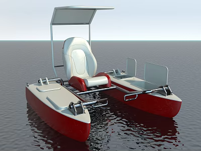 Red And White Recreational Boat With Canopy Seat Floating On Calm Water 3d model