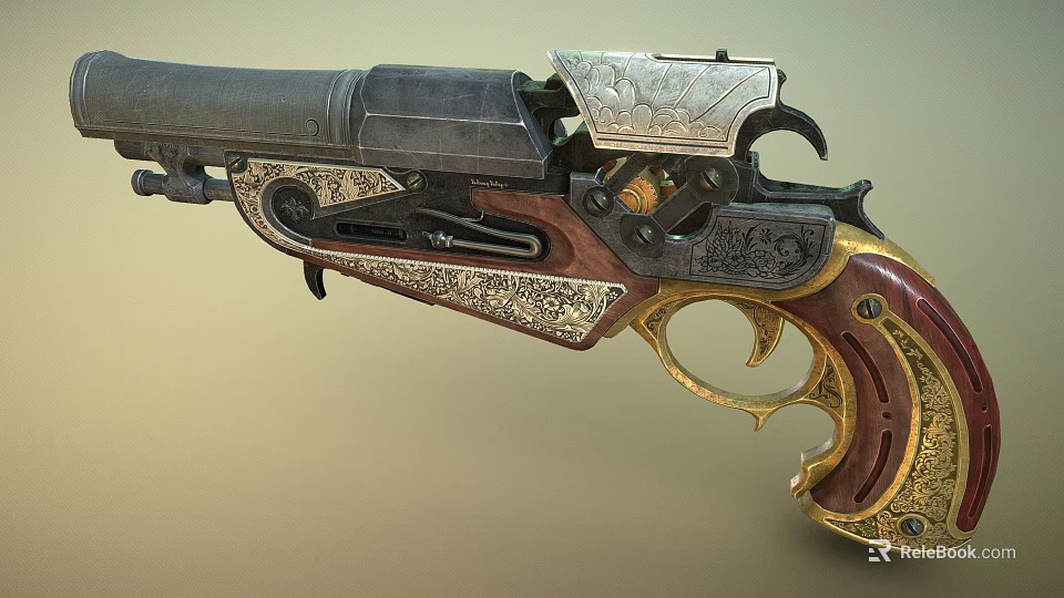 Vintage Engraved Revolver With Wooden Grip Decorative Metal Parts And Classic Design 3d model 