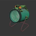 Green Portable Air Cooler Fan With Red Buttons Black Handle And Spiral Grille Stand