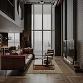 Dark Toned Loft Living Room With Brown Leather Sofa And Spiral Staircase