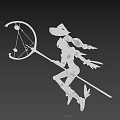 Woman with pink long ponytail black hat yellow decorations holding glowing sword in dark sky