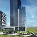 Tall Modern Office Building With Glass Curtain Walls Central Plaza And Greenery