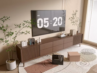 Brown TV stand with drawers TV books plants on a rug and minimalist decorations 3d model