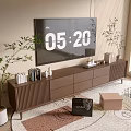 Brown TV stand with drawers TV books plants on a rug and minimalist decorations