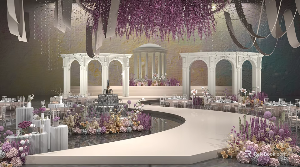 Banquet Hall With Purple Wisteria Decoration White Arches Circular Stage And Flower Arrangements 3d model 