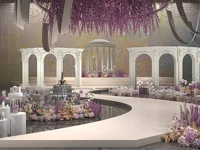 Banquet Hall With Purple Wisteria Decoration White Arches Circular Stage And Flower Arrangements 3d model
