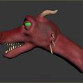 Fierce Red Dragon Head With Green Eyes Yellow Teeth Horns And Spiked Fins