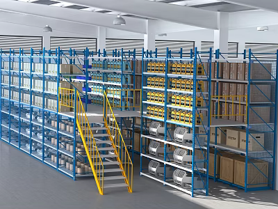 Warehouse Blue Metal Storage Racks With Yellow Boxes Stairs And Platform 3d model