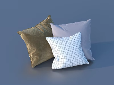 Three Different Style Decorative Pillows with Golden Velvet Light Purple Fabric and White Grid Pattern 3d model