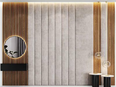 Modern Bed Accent Wall With Wooden Slats Round Mirror And Lighting 3d model