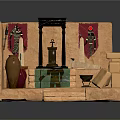 Cartoon Ancient Temple Interior Scene With Clay Walls Red Banners Green Carpet And Stone Altar