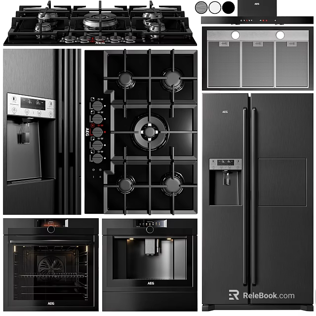 Sleek Modern Black Kitchen Appliances Set With Gas Stove Refrigerator And Oven 3d model 