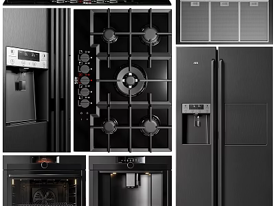 Sleek Modern Black Kitchen Appliances Set With Gas Stove Refrigerator And Oven 3d model