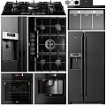 Sleek Modern Black Kitchen Appliances Set With Gas Stove Refrigerator And Oven
