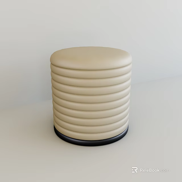 Round Beige Leather Sofa Stool With Ribbed Texture And Black Base 3d model 