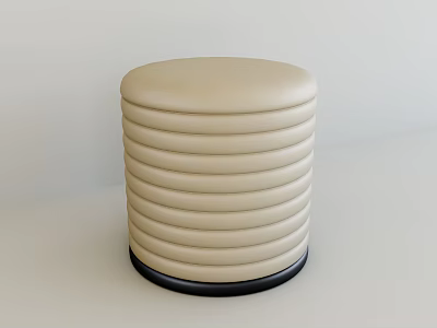 Round Beige Leather Sofa Stool With Ribbed Texture And Black Base 3d model