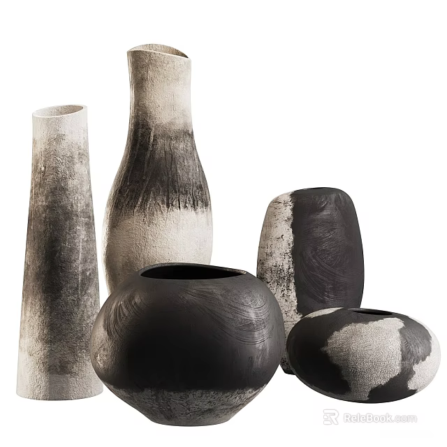 Modern Minimalist Decorative Ornament Set Featuring Vases Various Shapes Textures And Black White Gray Tones 3d model 