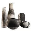 Modern Minimalist Decorative Ornament Set Featuring Vases Various Shapes Textures And Black White Gray Tones