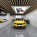 Automotive Service Store Interior With Yellow Car White Walls Black Grid Floor And Equipment