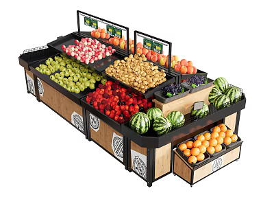 Fresh Assorted Fruits Display On Supermarket Shelf With Watermelon Apples Grapes And Oranges 3d model