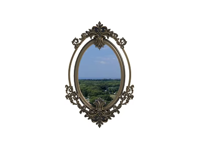 Oval Mirror with Ornate Decorative Frame Reflecting Blue Sky Clouds Green Trees and Grass 3d model