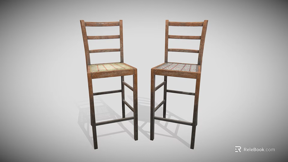 Two Rustic Wooden Bar Stools With Woven Seat And Ladder Back Frame Design 3d model 