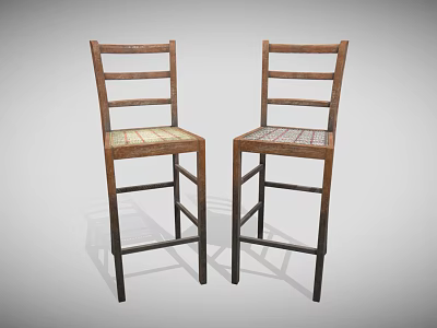Two Rustic Wooden Bar Stools With Woven Seat And Ladder Back Frame Design 3d model