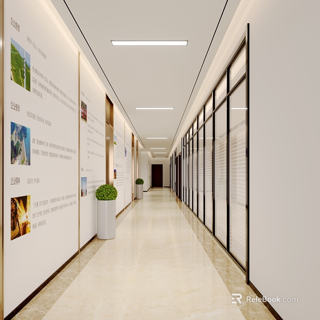 Modern Office Corridor With Glass Partitions Wall Displays Ceiling Lights And Potted Plants 3d model 