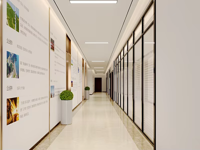 Modern Office Corridor With Glass Partitions Wall Displays Ceiling Lights And Potted Plants 3d model