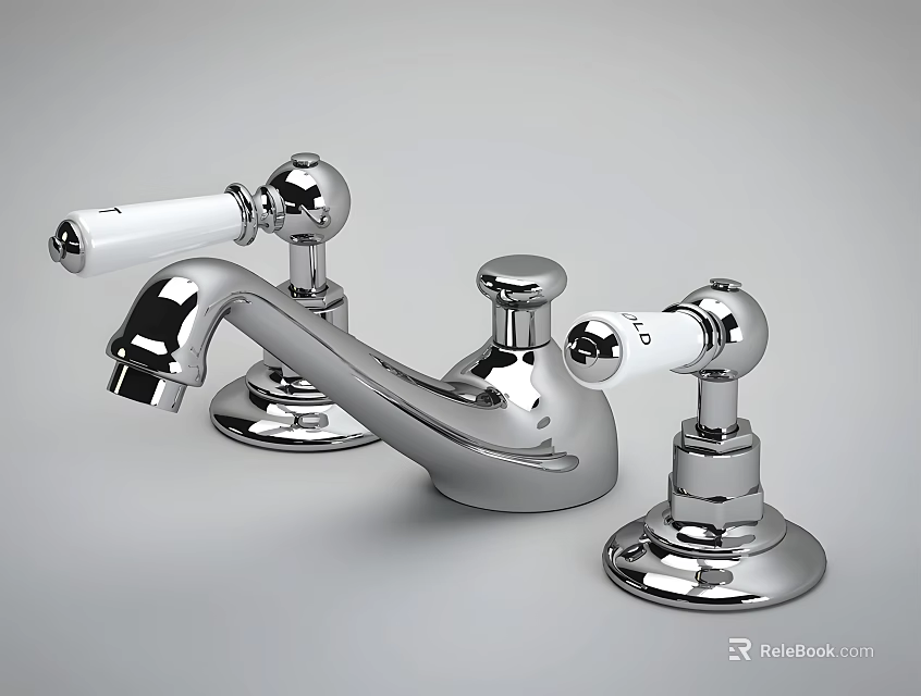 Chrome Widespread Bathroom Faucet With White Handles Classic Design Polished Finish 3d model 