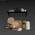 Stylish Kitchenware Setup with Hanging Glass Rack Wooden Cutting Boards Fruit and Storage Jars