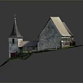 Traditional Stone Church Building With Spire Cross Dark Roof And Green Grass