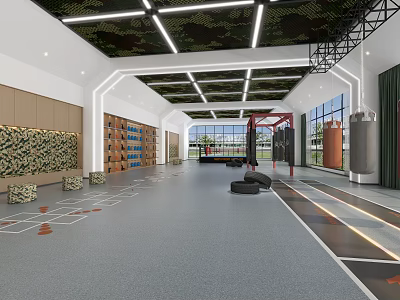 Spacious Modern Fitness Gym Interior With Camouflage Ceiling Wooden Walls And Workout Equipment 3d model