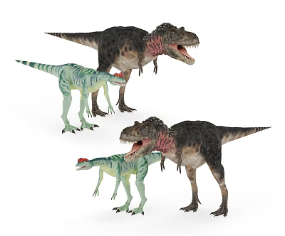 Realistic Reptile Dinosaur Models With Green And Dark Colors In Roaring Standing Poses 3d model
