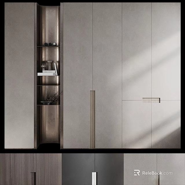 Modern Sleek Bookcase With Neutral Tones Cabinet Doors And Open Shelves For Decorative Items And Books 3d model 