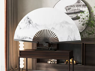 Traditional Chinese Fan Shaped Wall Hanging with Ink Mountain River Scenery for Home Decor 3d model