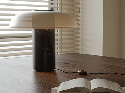 Black Marble Base Table Lamp with White Dome Shade on Wooden Desk and Open Book 3d model