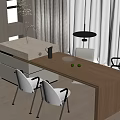 Elegant Modern Interior With Wooden Island Table And White Dining Chairs