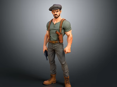3D Male Character Model With Beard Cap Green Shirt Suspenders Gun And Cargo Pants 3d model