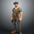 3D Male Character Model With Beard Cap Green Shirt Suspenders Gun And Cargo Pants