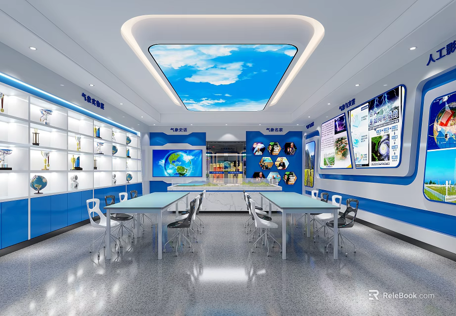 Modern Educational Classroom With Blue Walls White Shelves Sky Ceiling And Display Items 3d model 
