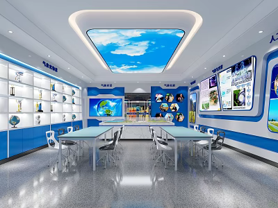 Modern Educational Classroom With Blue Walls White Shelves Sky Ceiling And Display Items 3d model